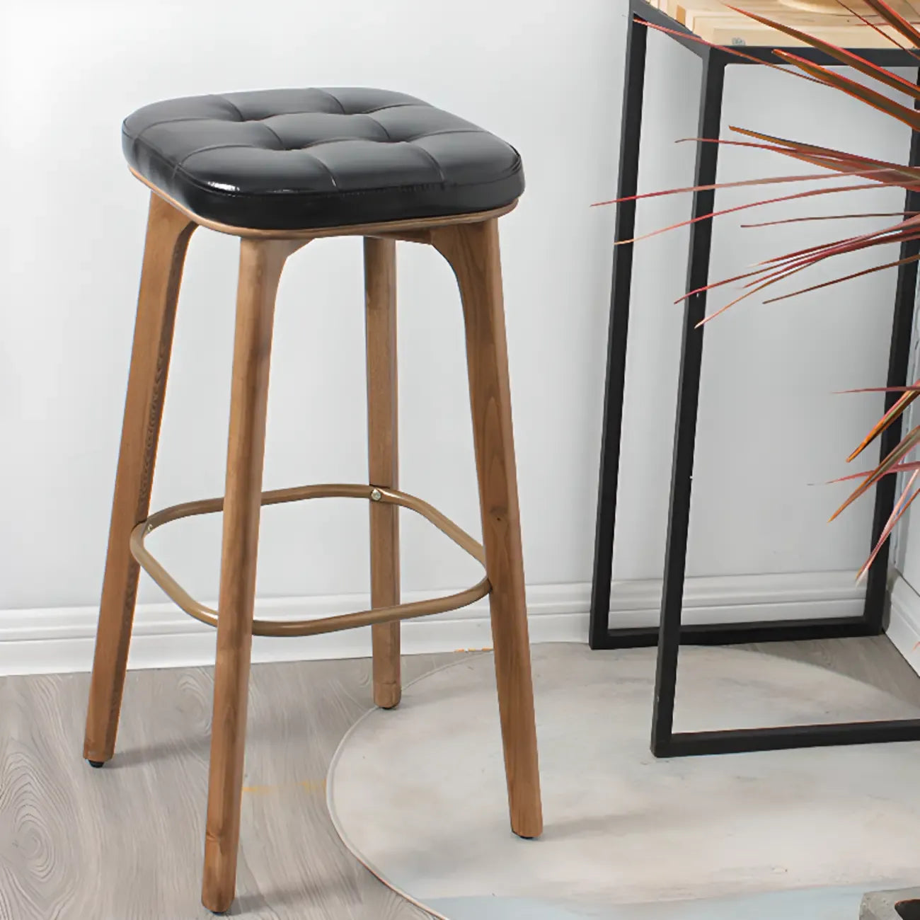 Tabourets de bar scandinaves en bois capitonné et similicuir, sans dossier