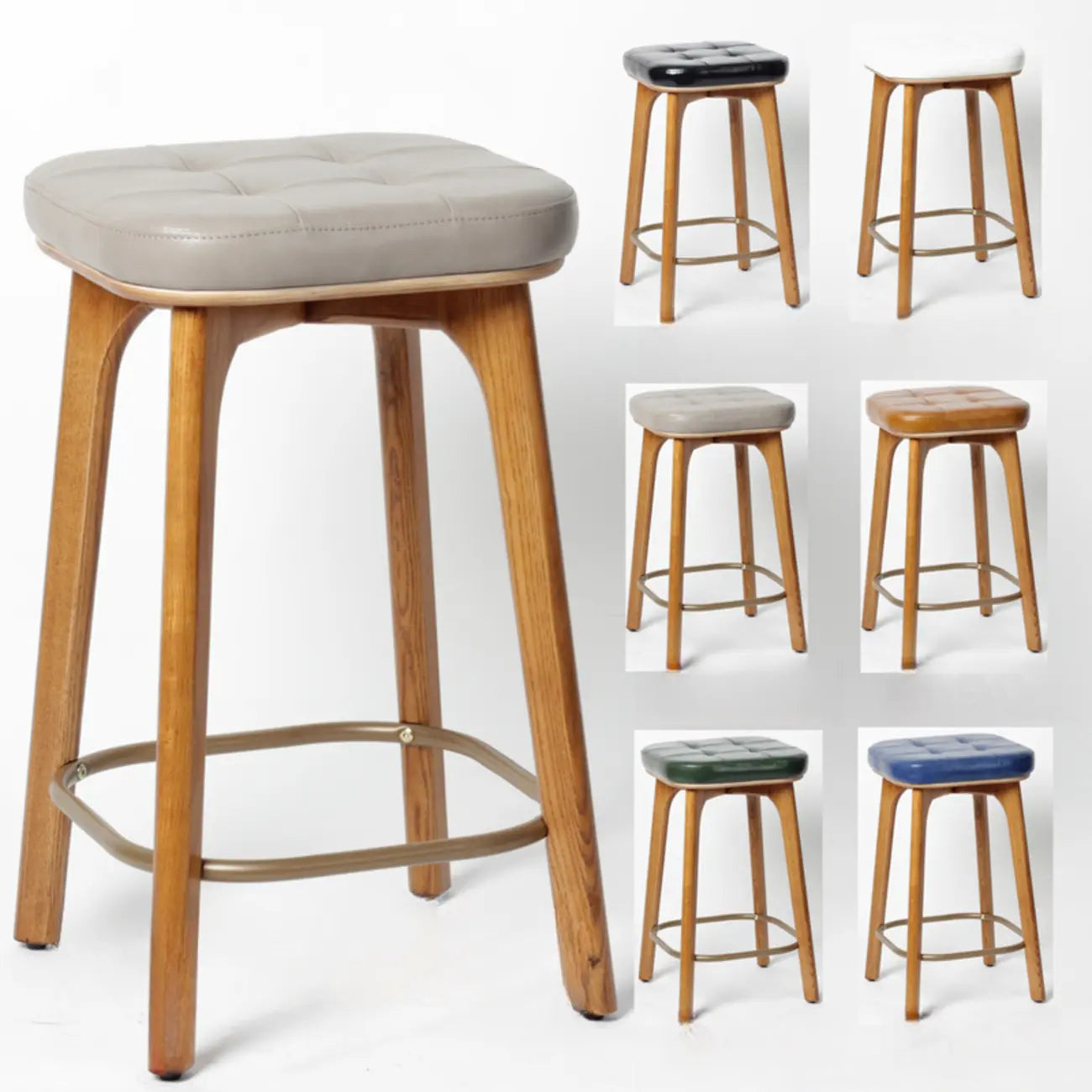 Tabourets de bar scandinaves en bois capitonné et similicuir, sans dossier