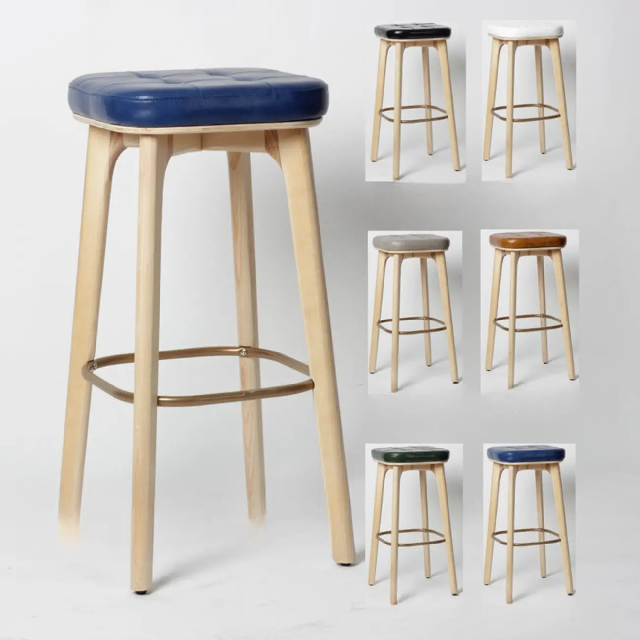Tabourets de bar scandinaves en bois capitonné et similicuir, sans dossier