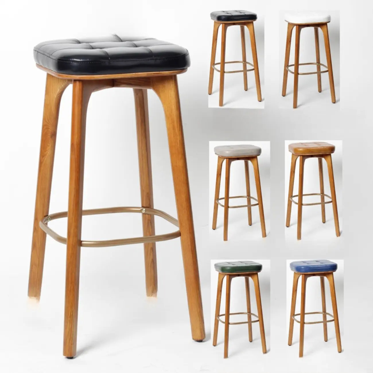 Tabourets de bar scandinaves en bois capitonné et similicuir, sans dossier