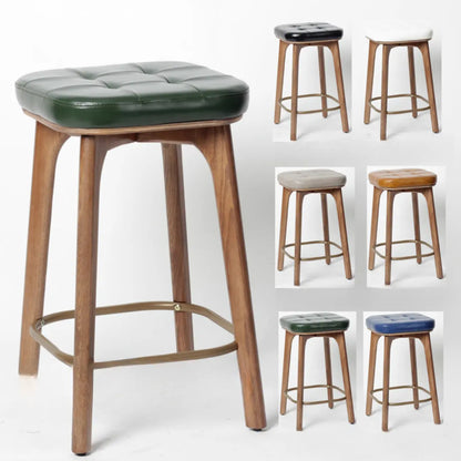Tabourets de bar scandinaves en bois capitonné et similicuir, sans dossier