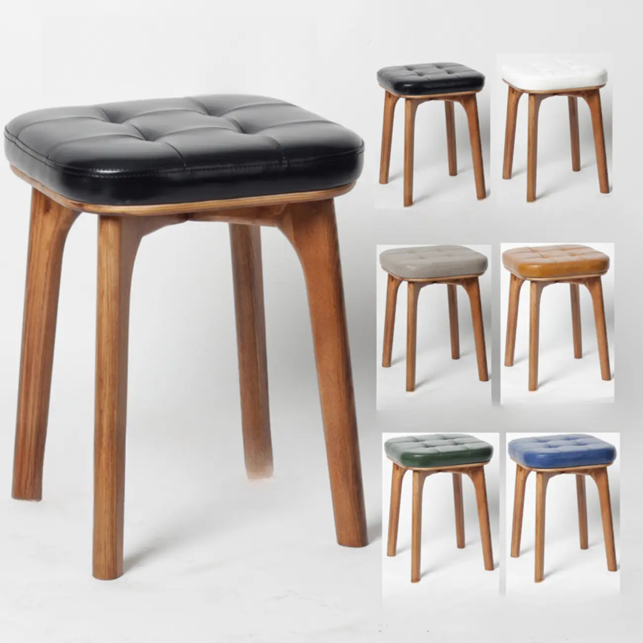 Tabourets de bar scandinaves en bois capitonné et similicuir, sans dossier