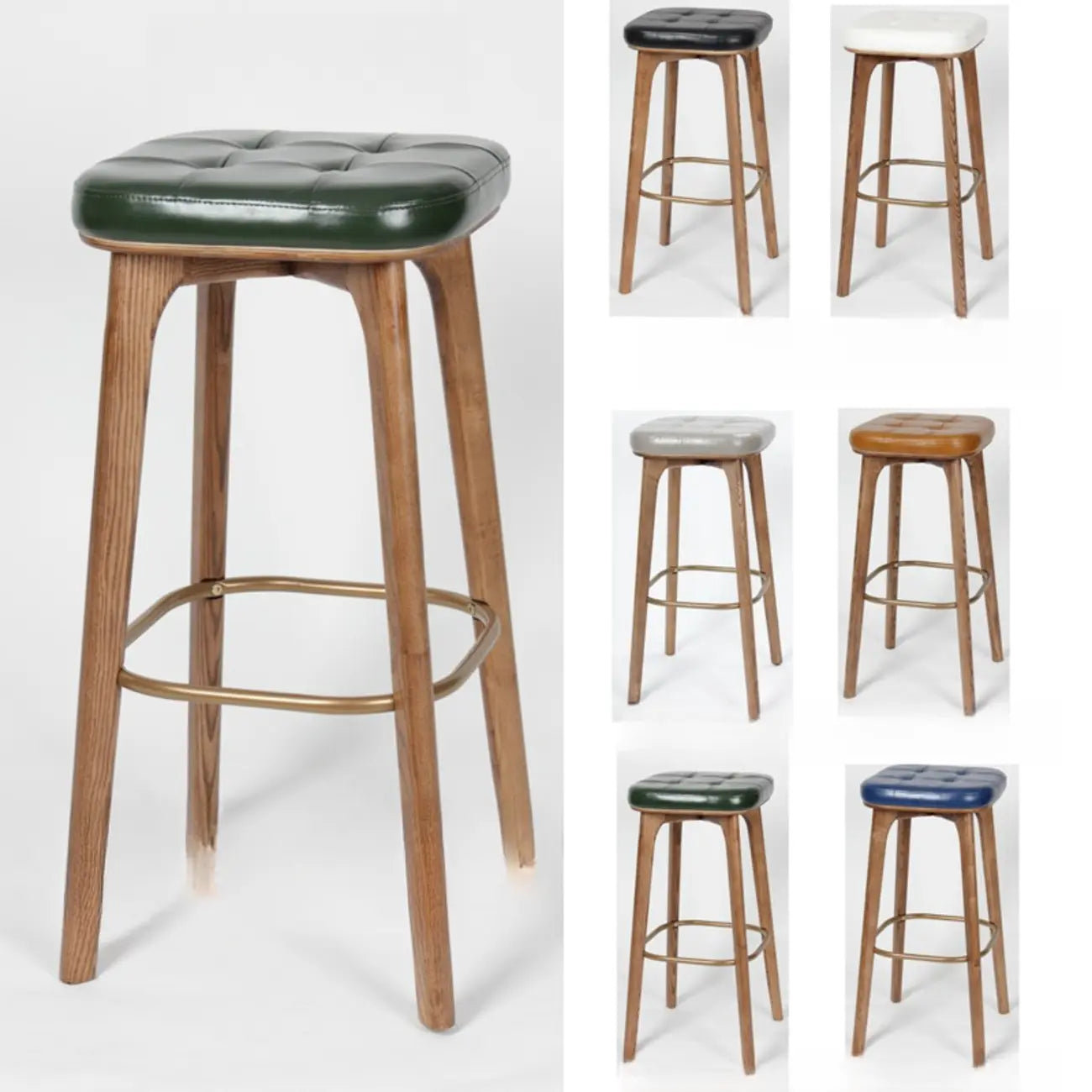 Tabourets de bar scandinaves en bois capitonné et similicuir, sans dossier