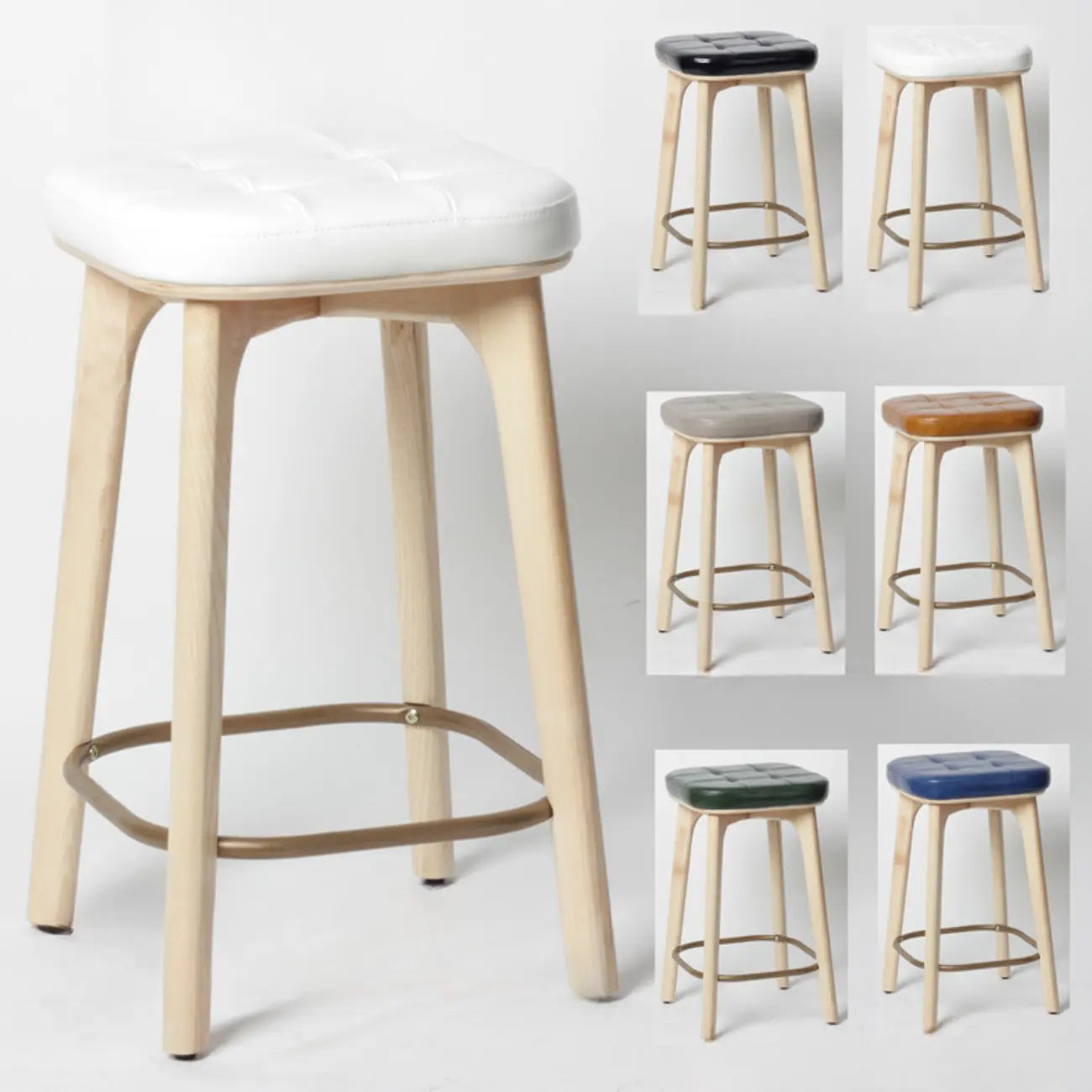 Tabourets de bar scandinaves en bois capitonné et similicuir, sans dossier