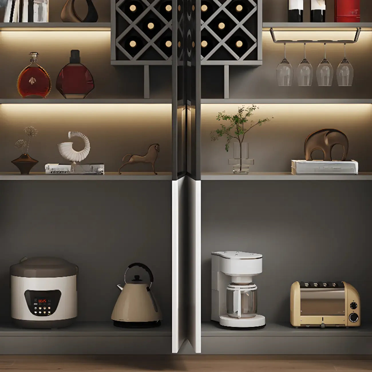 Vitrine en bois noir avec porte vitrée et rangement pour vin