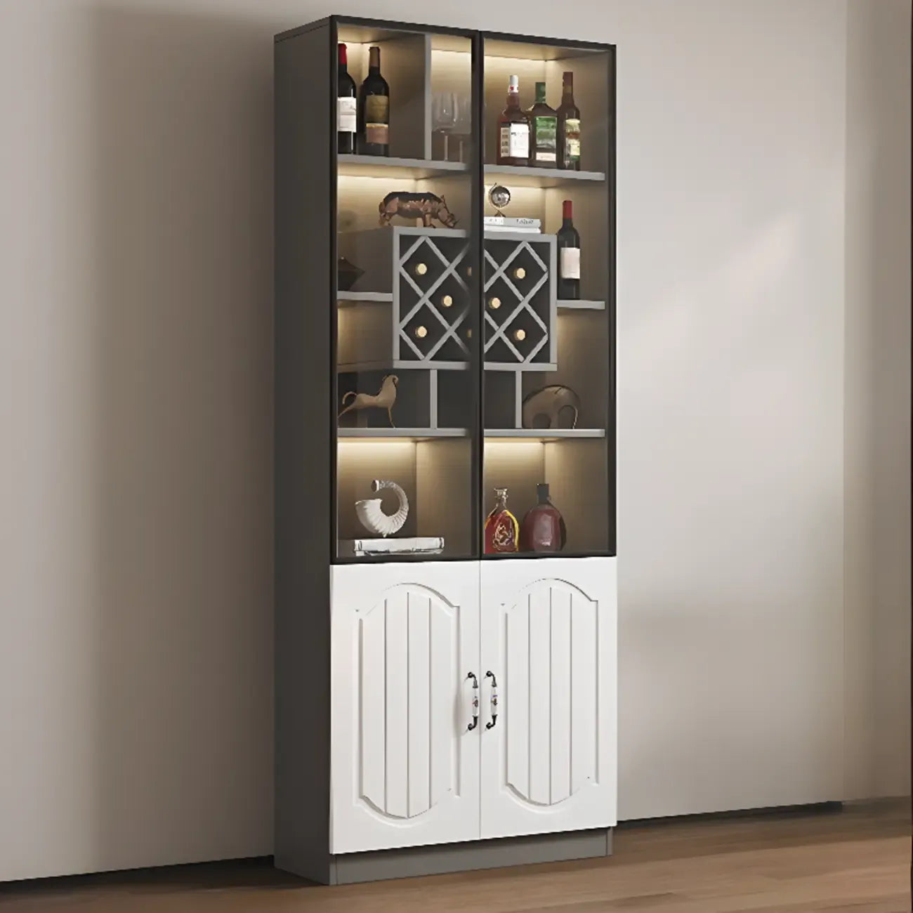 Vitrine en bois noir avec porte vitrée et rangement pour vin