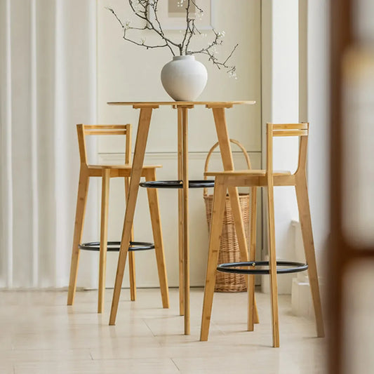 Table de bar ronde scandinave en bambou avec repose-pieds noir pour les repas