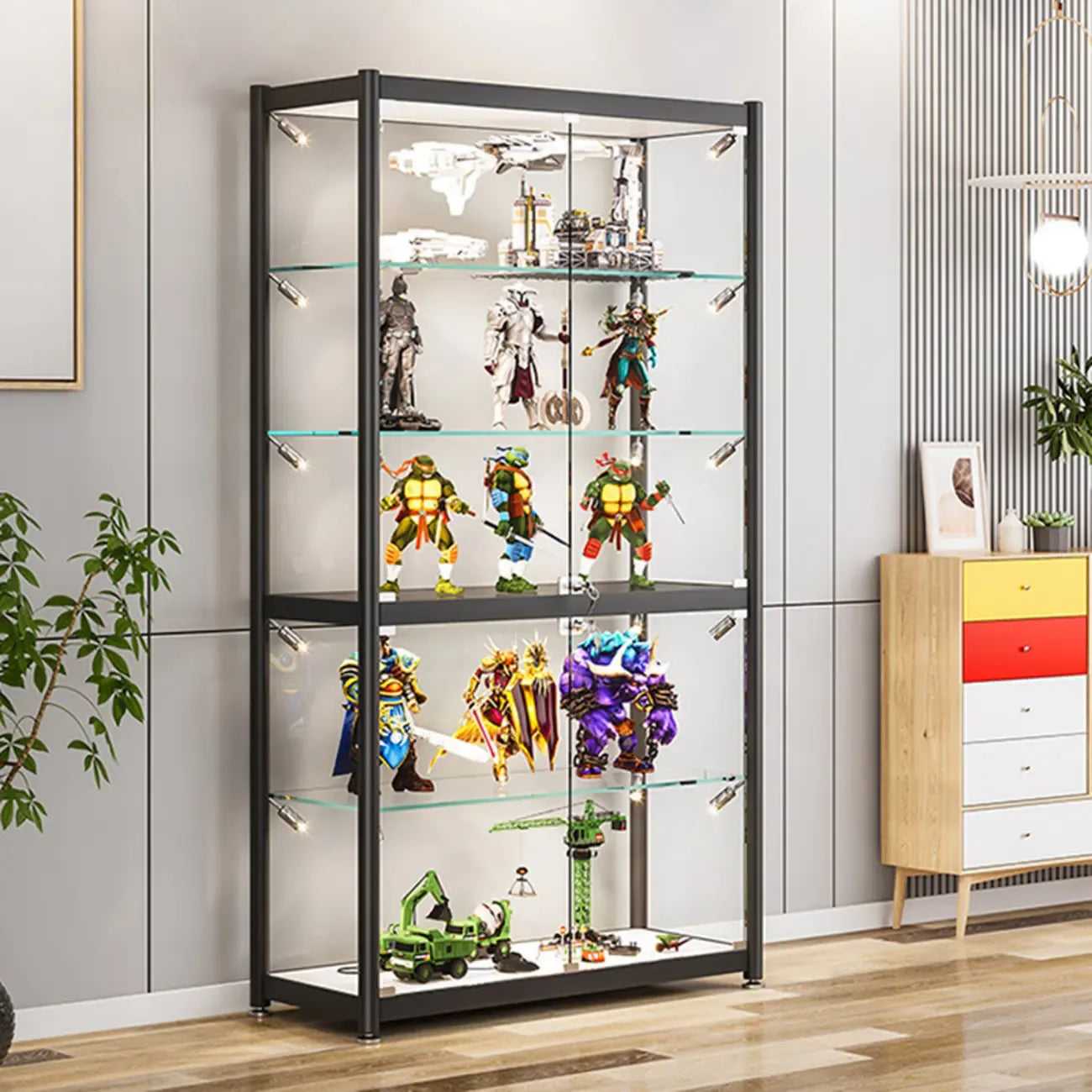 Vitrine de rangement réglable en verre noir avec éclairage