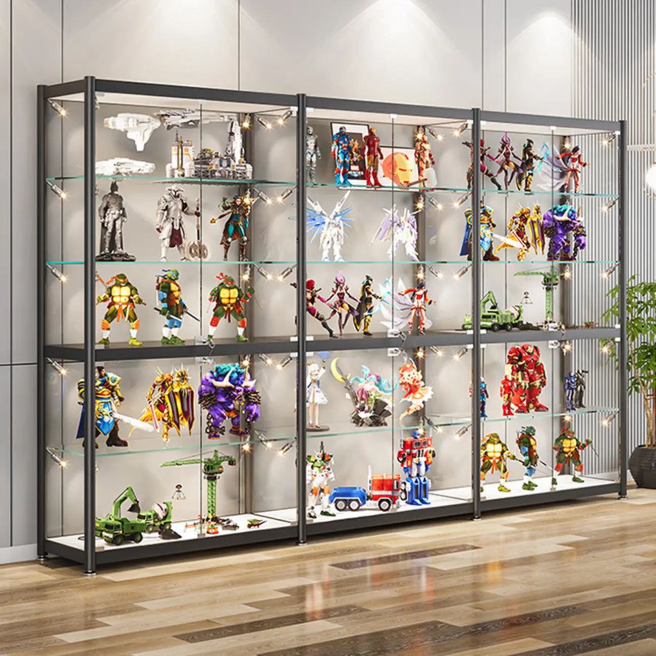 Vitrine de rangement réglable en verre noir avec éclairage