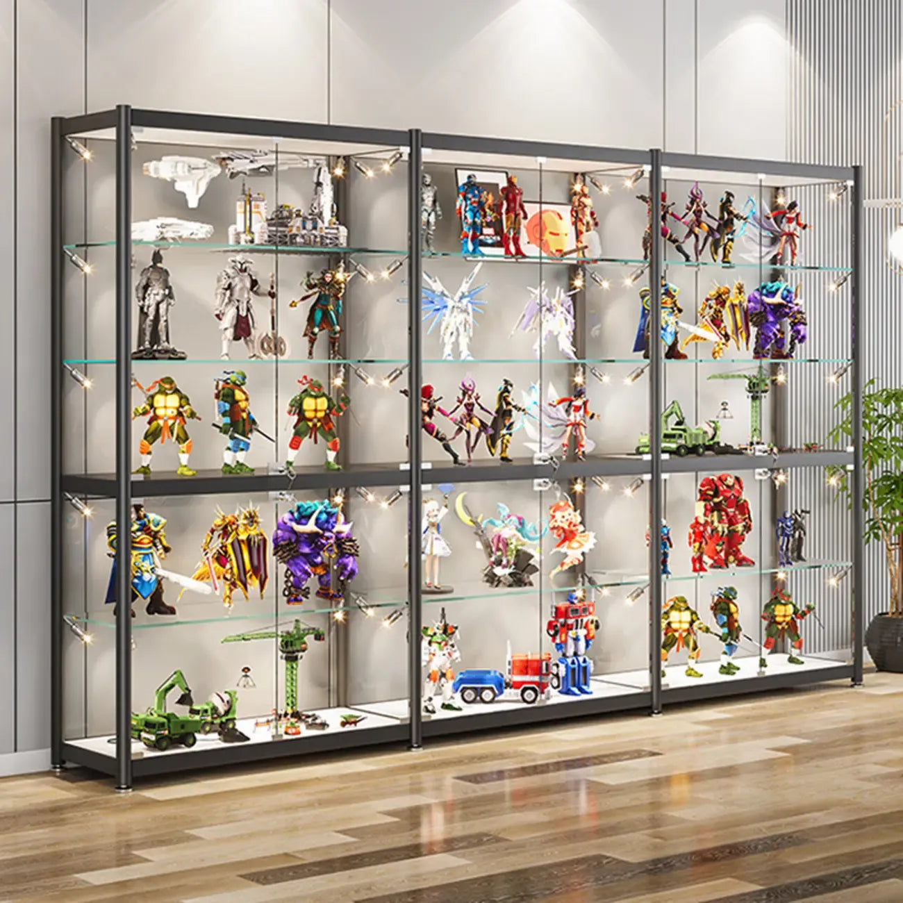 Vitrine de rangement réglable en verre noir avec éclairage