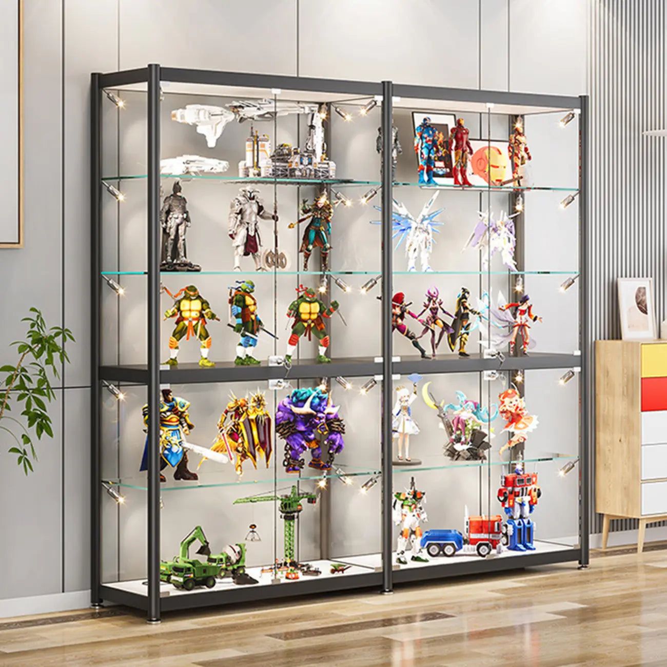 Vitrine de rangement réglable en verre noir avec éclairage