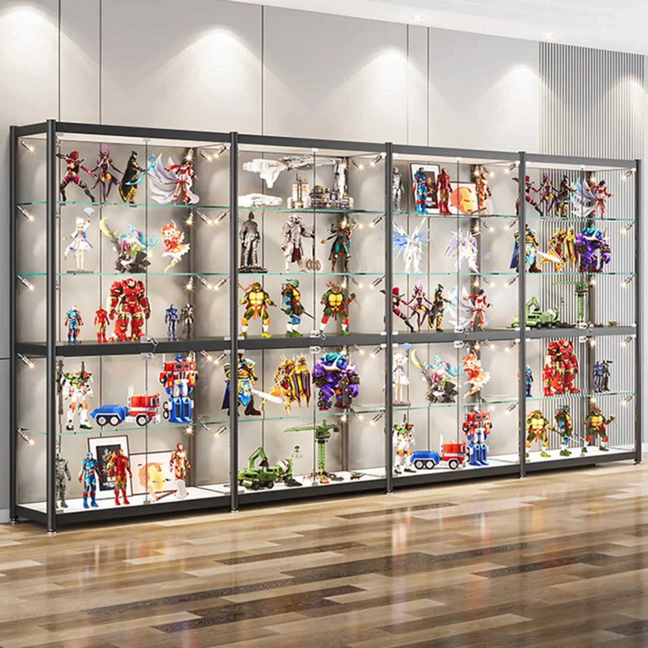 Vitrine de rangement réglable en verre noir avec éclairage