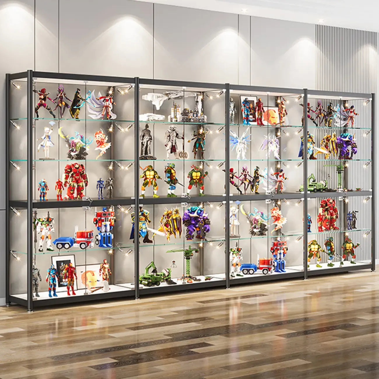 Vitrine de rangement réglable en verre noir avec éclairage