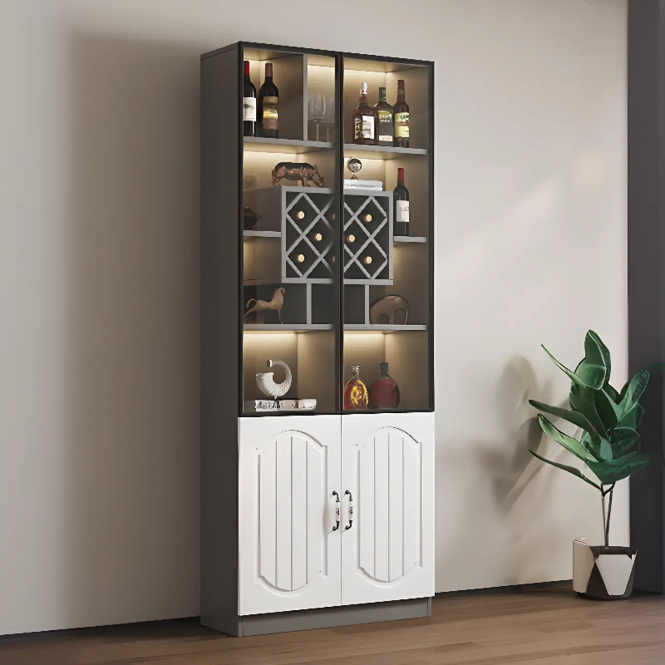 Vitrine en bois noir avec porte vitrée et rangement pour vin