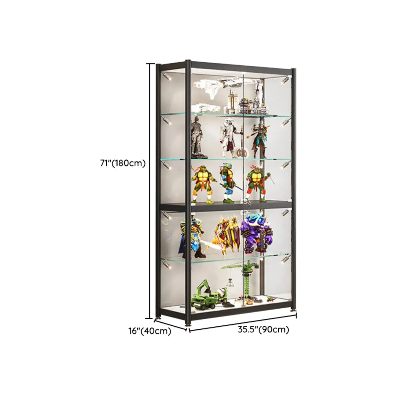 Vitrine de rangement réglable en verre noir avec éclairage