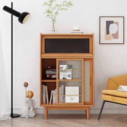 vaisselier de cuisine en bois brun avec portes en rotin