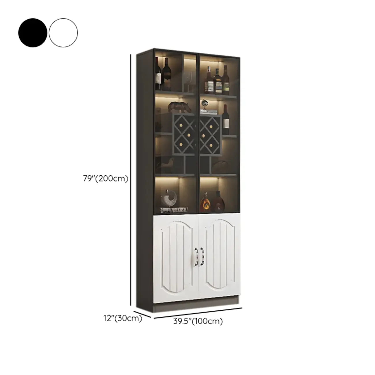 Vitrine en bois noir avec porte vitrée et rangement pour vin