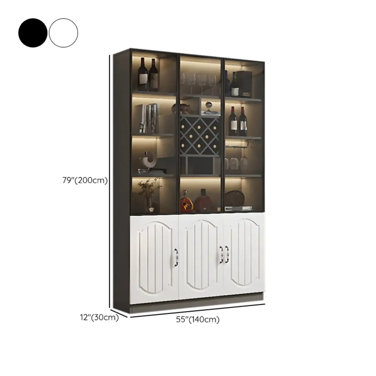 Vitrine en bois noir avec porte vitrée et rangement pour vin