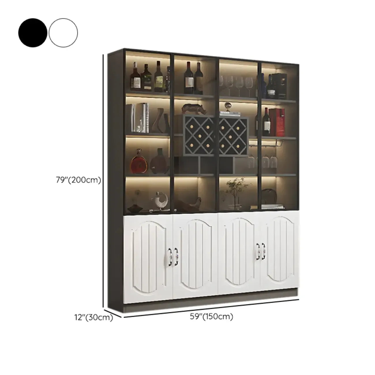 Vitrine en bois noir avec porte vitrée et rangement pour vin