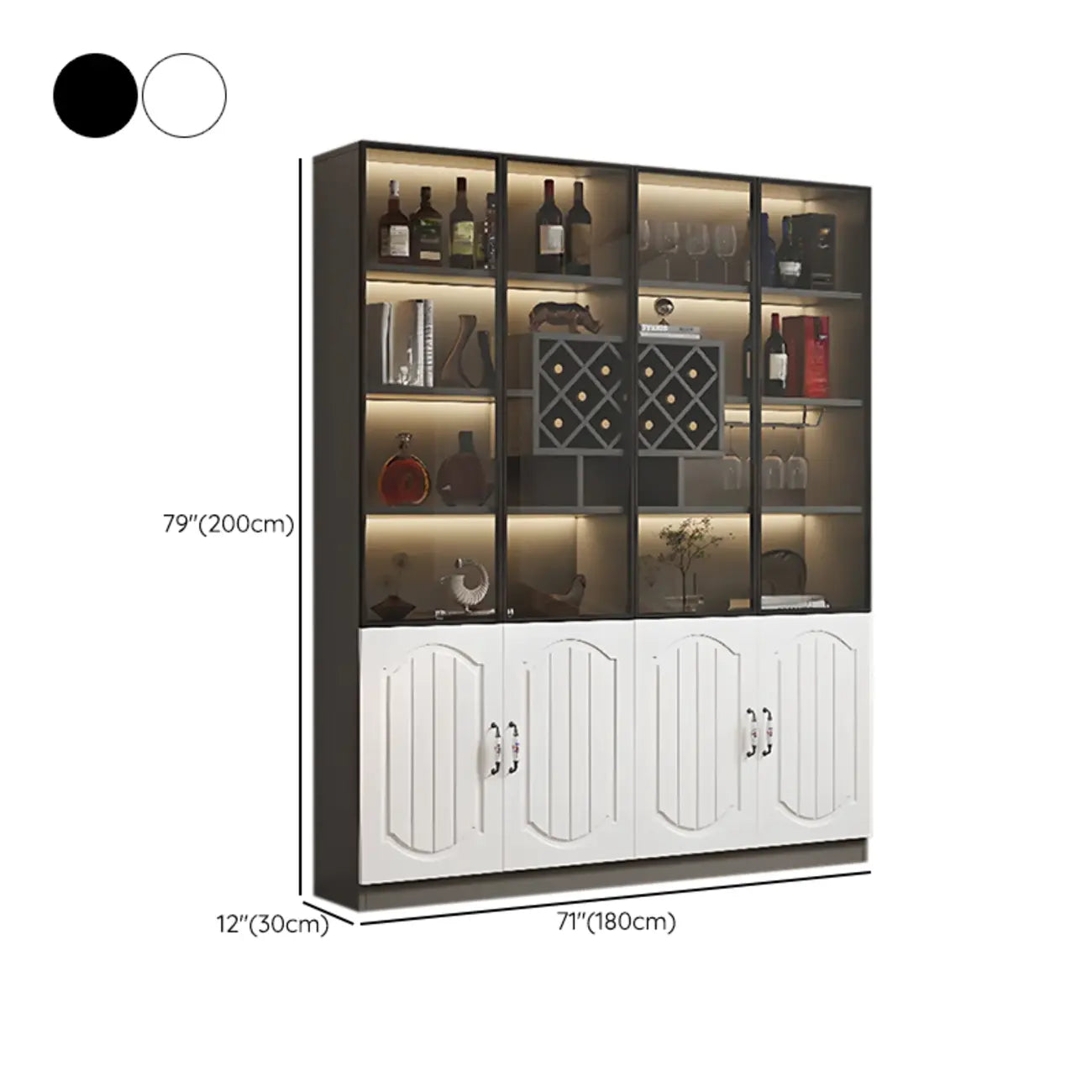 Vitrine en bois noir avec porte vitrée et rangement pour vin