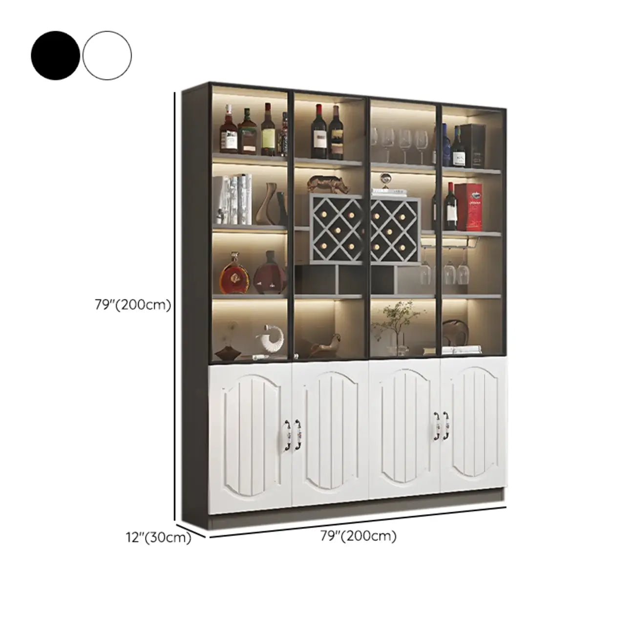 Vitrine en bois noir avec porte vitrée et rangement pour vin