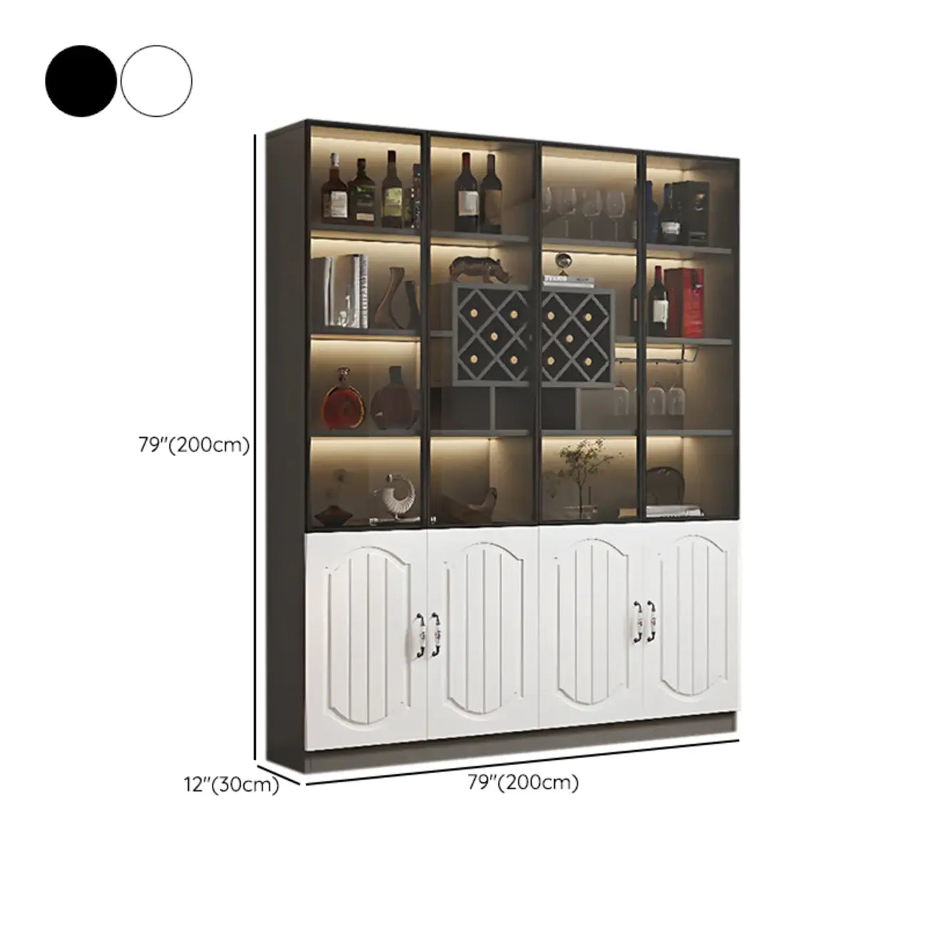 Vitrine en bois noir avec porte vitrée et rangement pour vin