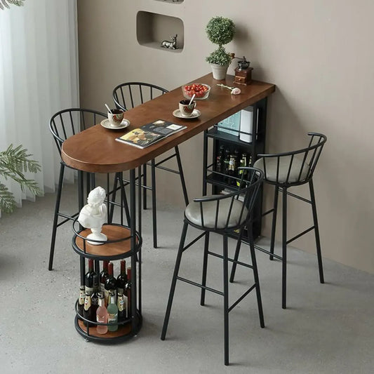 Table de bar étroite en bois avec double étagère de rangement