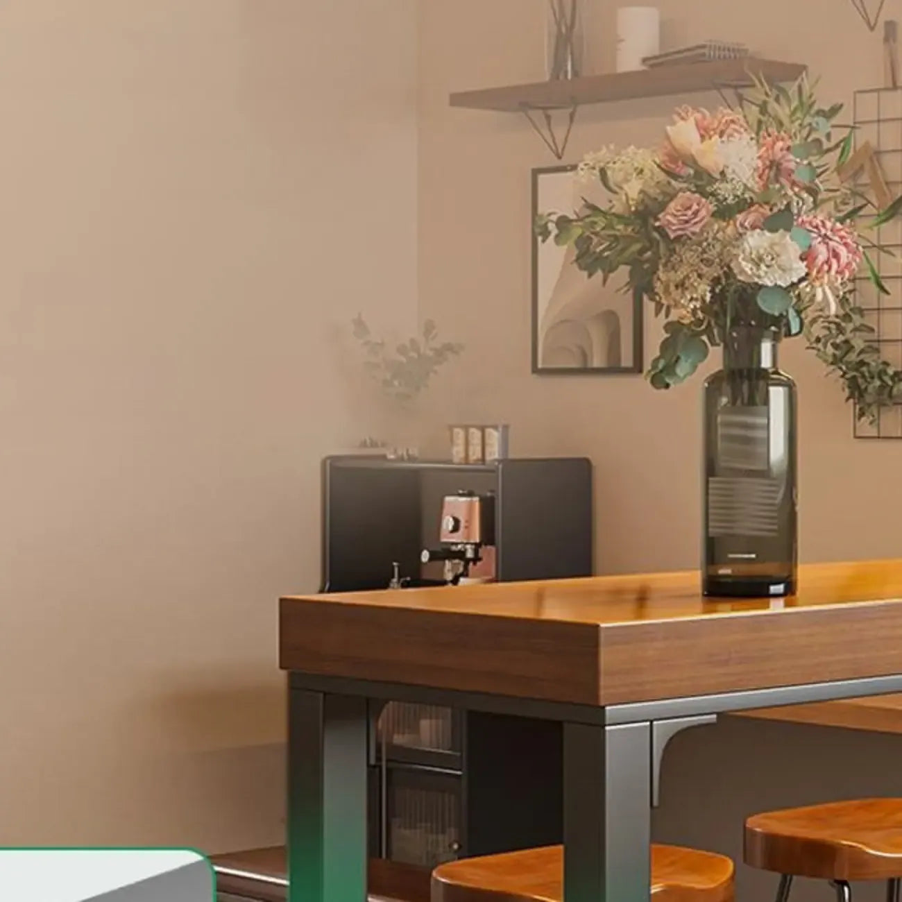 Table de bar longue contemporaine en bois avec repose-pieds en métal pour 8 personnes