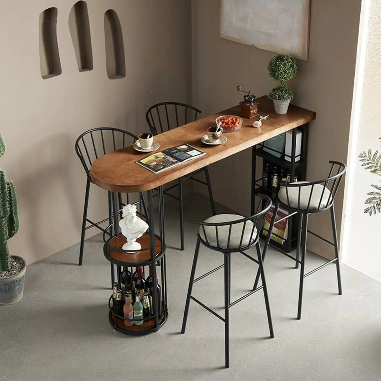 Table de bar étroite en bois avec double étagère de rangement