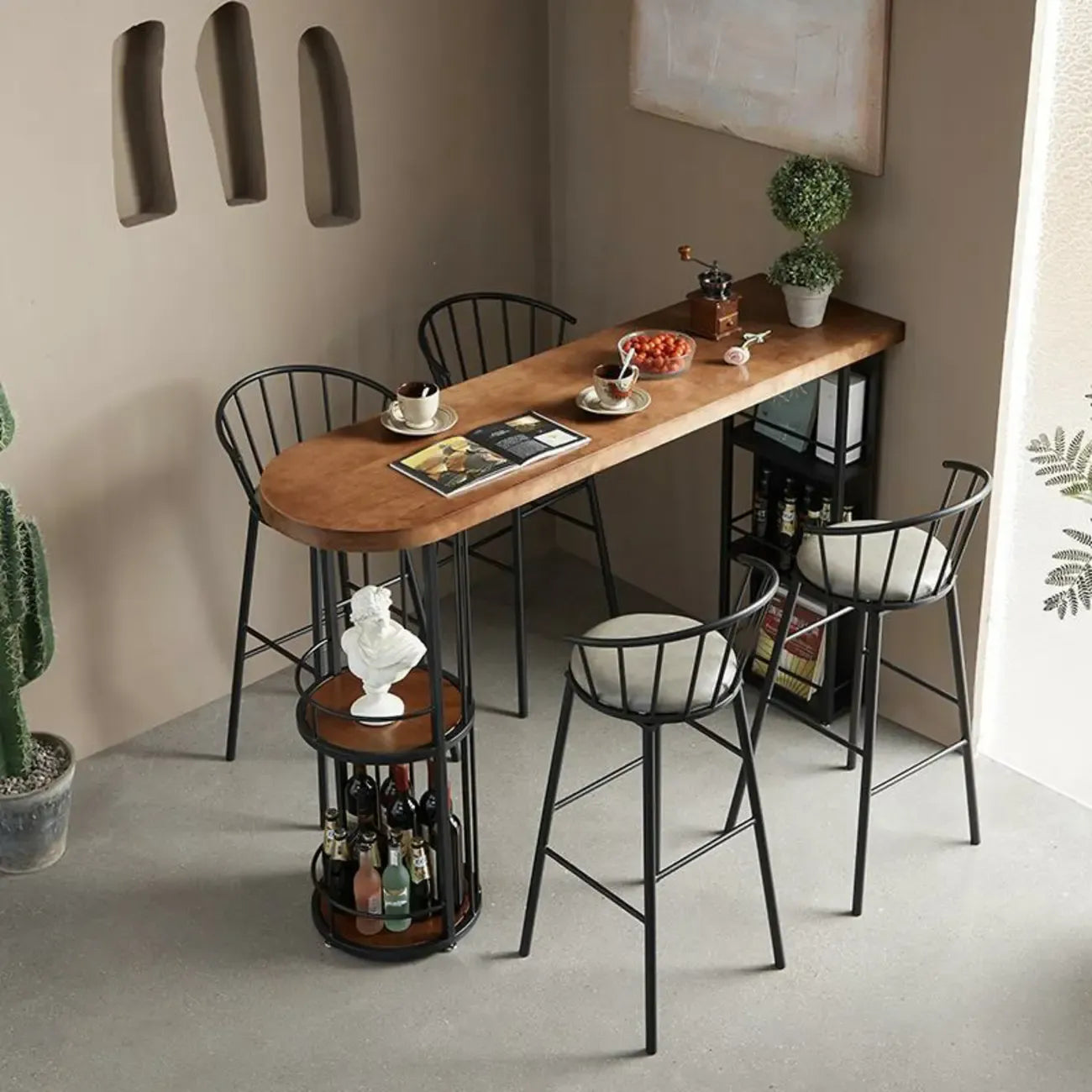 Table de bar étroite en bois avec double étagère de rangement