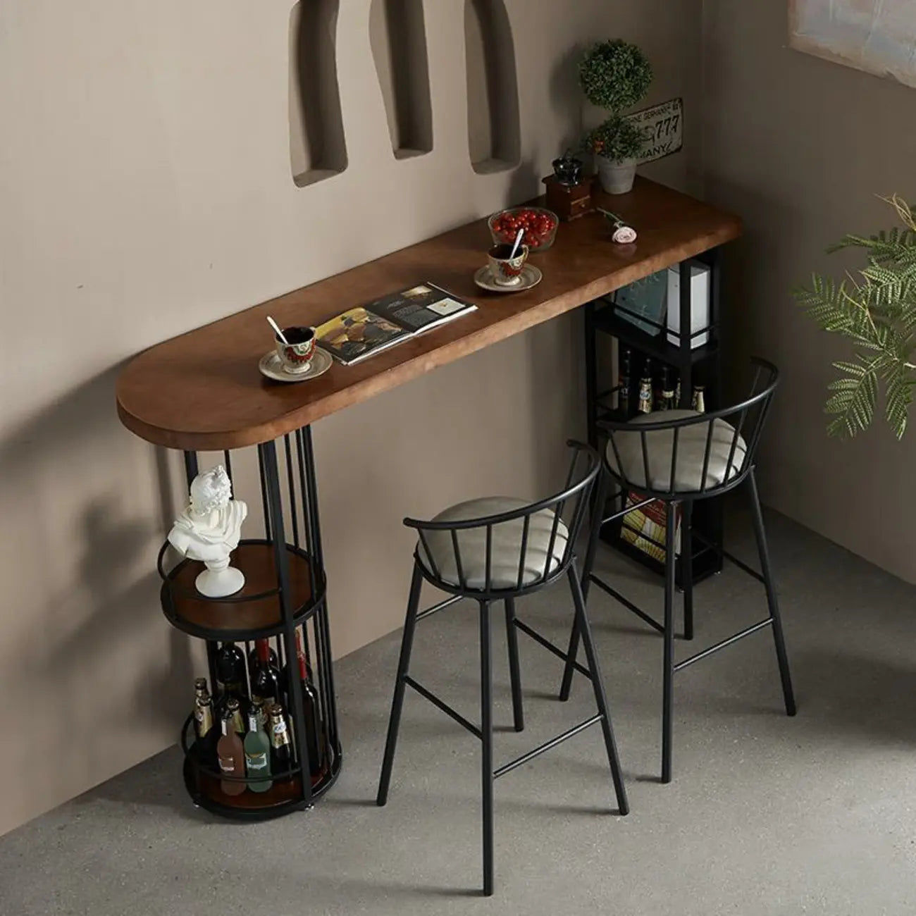Table de bar étroite en bois avec double étagère de rangement