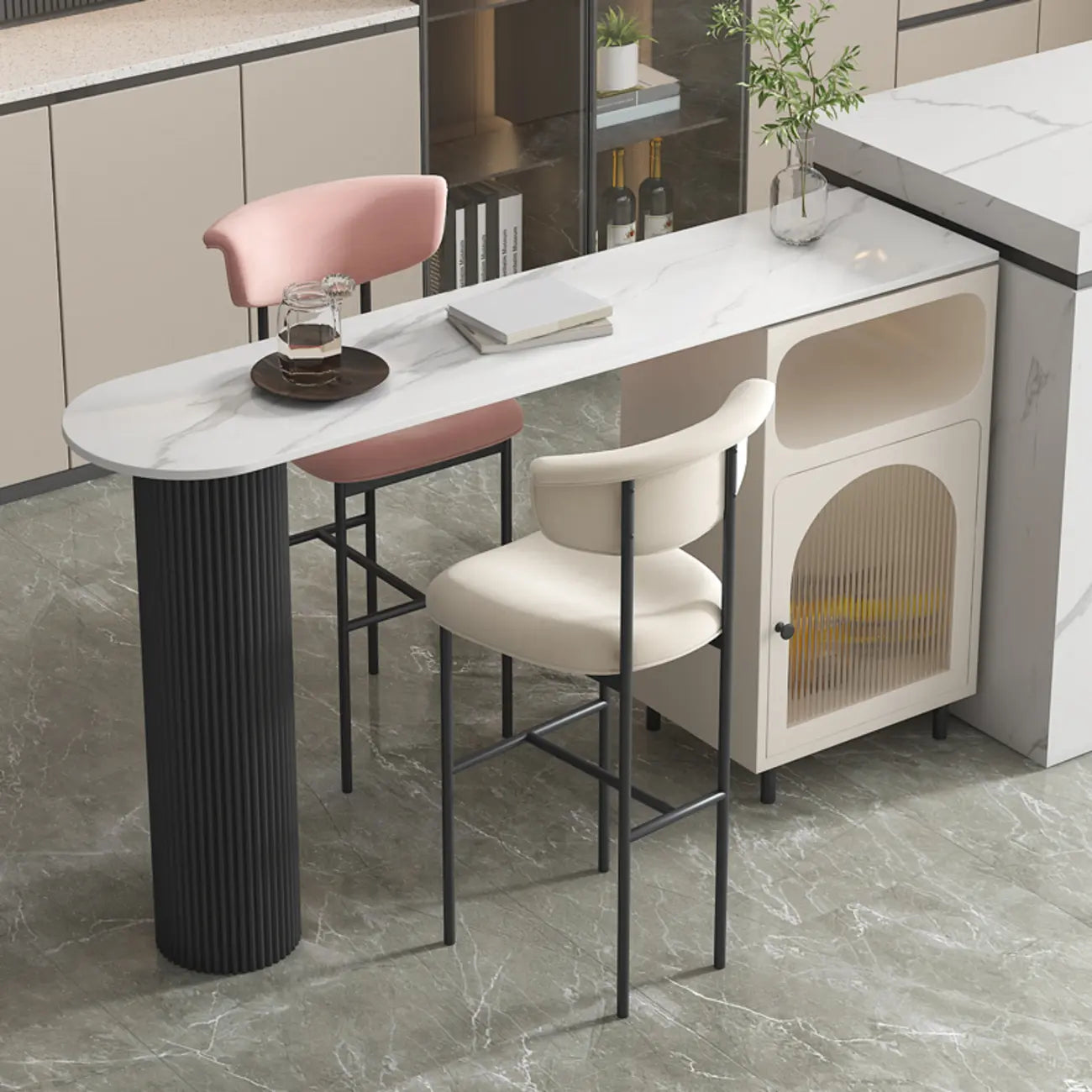 Table de bar blanche moderne pour 2 personnes avec double piétement pour salon