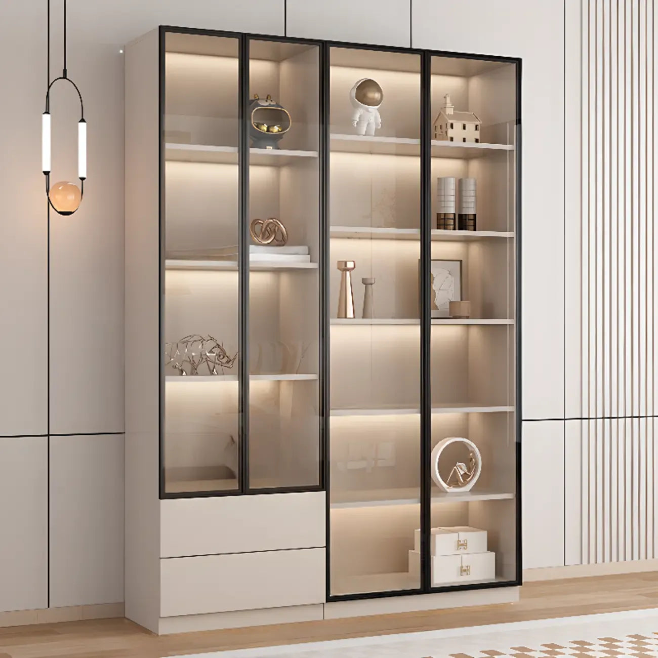 Vitrine sur pied avec porte en verre naturel de grande hauteur et rangement