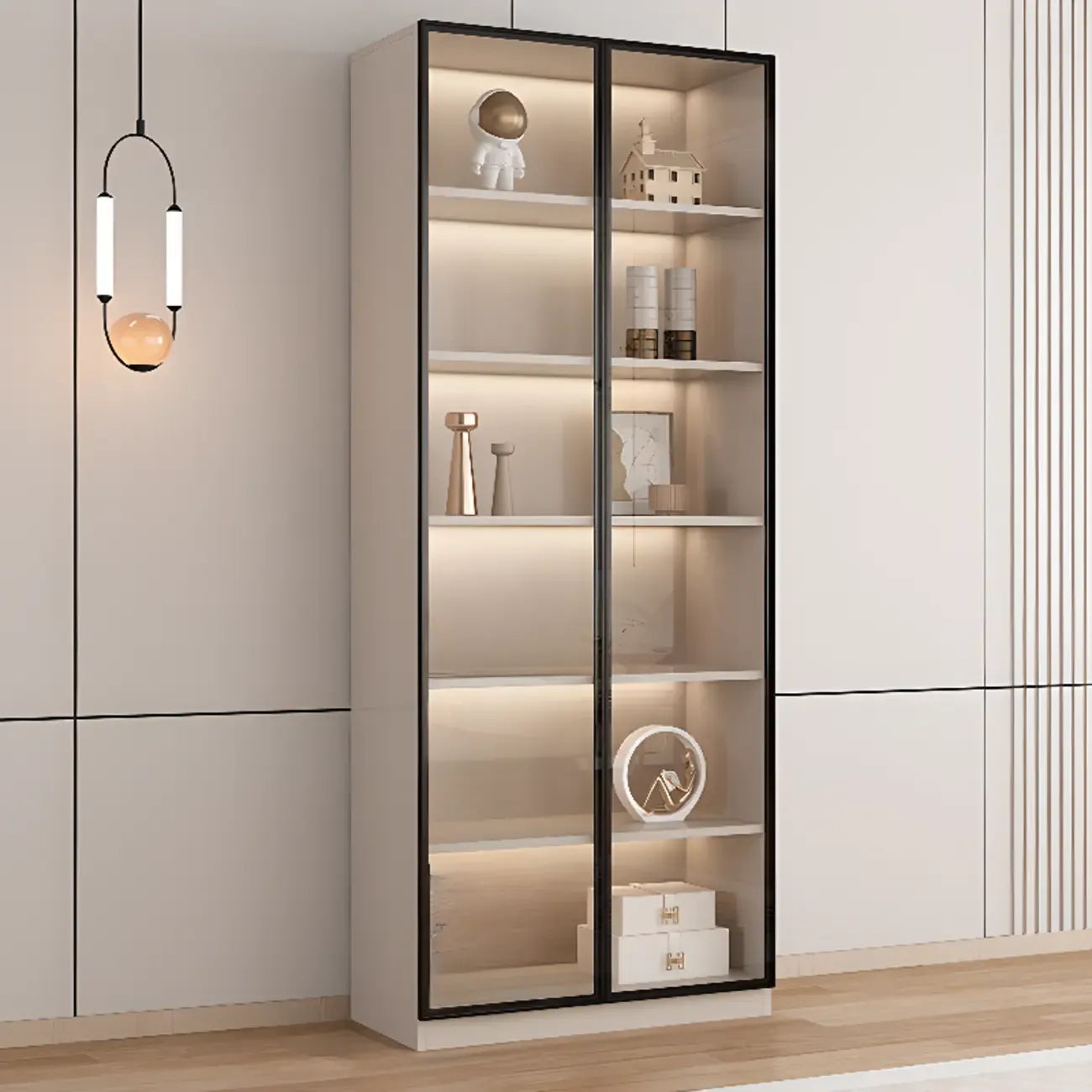 Vitrine sur pied avec porte en verre naturel de grande hauteur et rangement