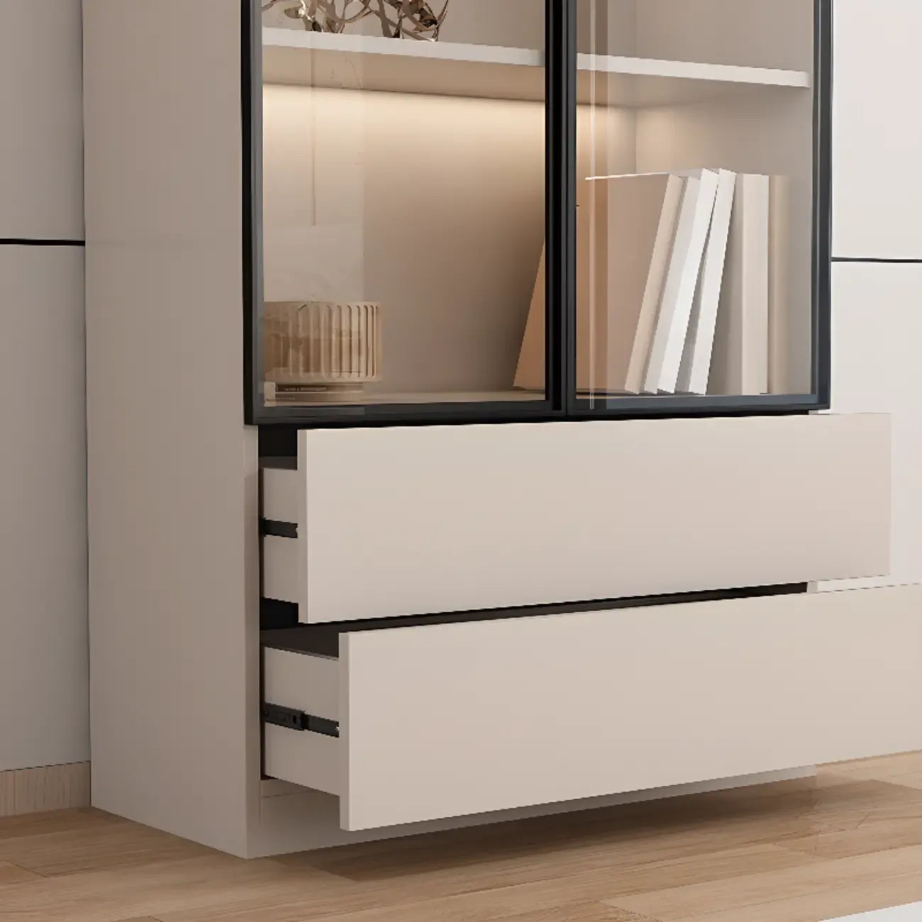 Vitrine sur pied avec porte en verre naturel de grande hauteur et rangement