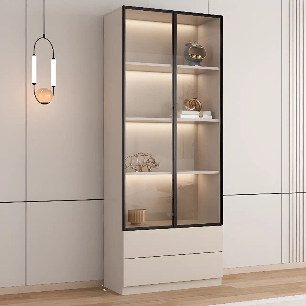 Vitrine sur pied avec porte en verre naturel de grande hauteur et rangement