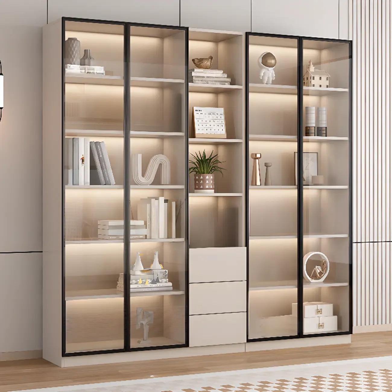 Vitrine sur pied avec porte en verre naturel de grande hauteur et rangement