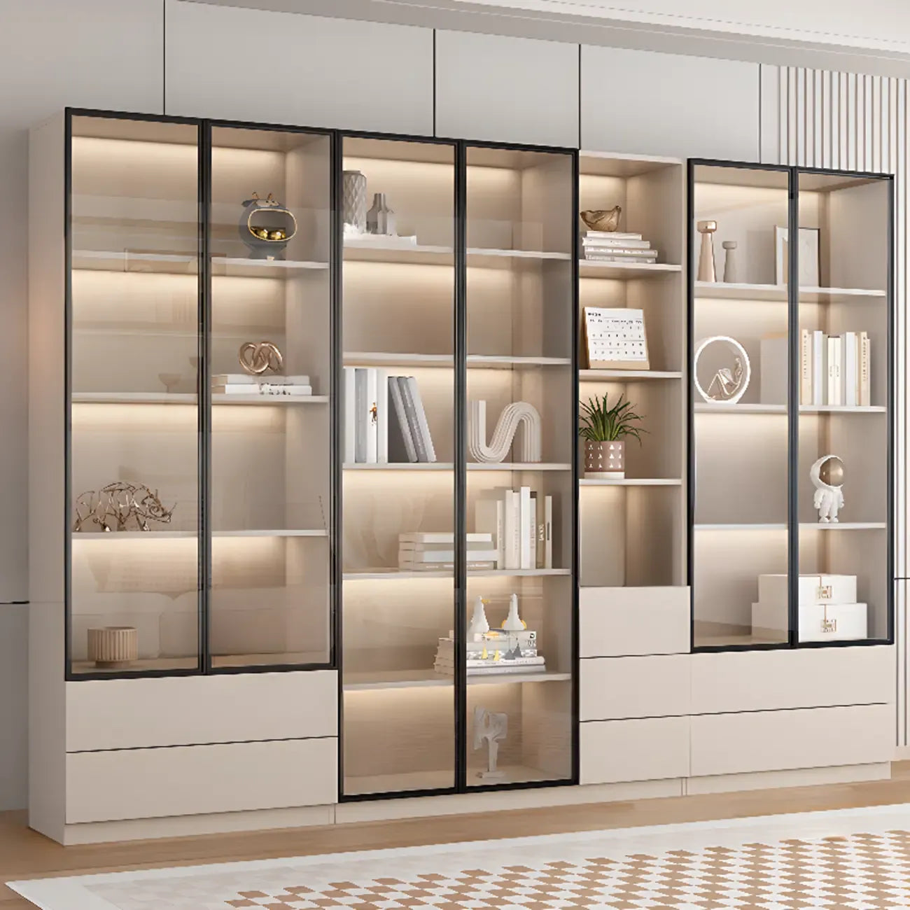 Vitrine sur pied avec porte en verre naturel de grande hauteur et rangement