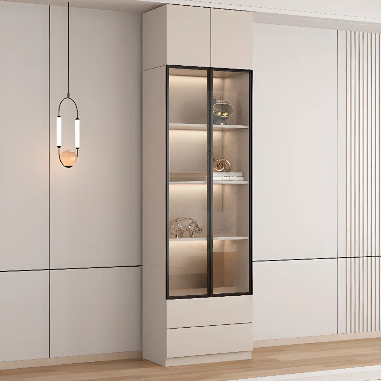 Vitrine sur pied avec porte en verre naturel de grande hauteur et rangement