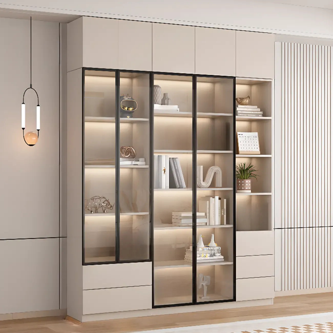 Vitrine sur pied avec porte en verre naturel de grande hauteur et rangement