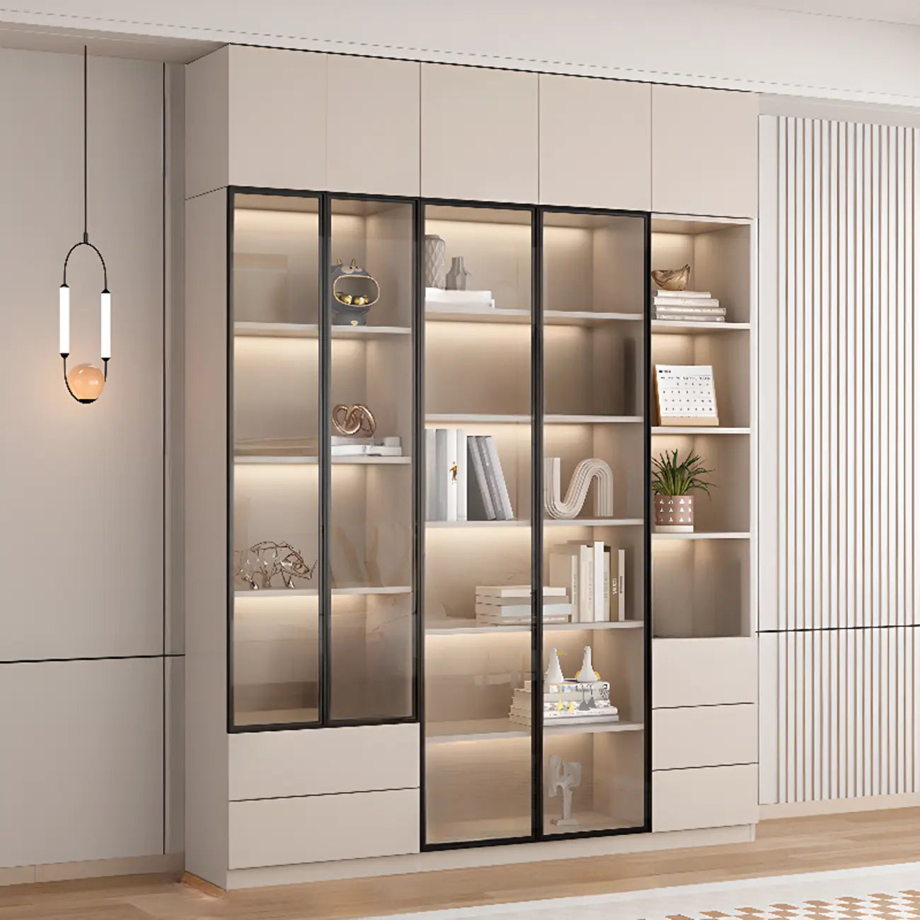 Vitrine sur pied avec porte en verre naturel de grande hauteur et rangement