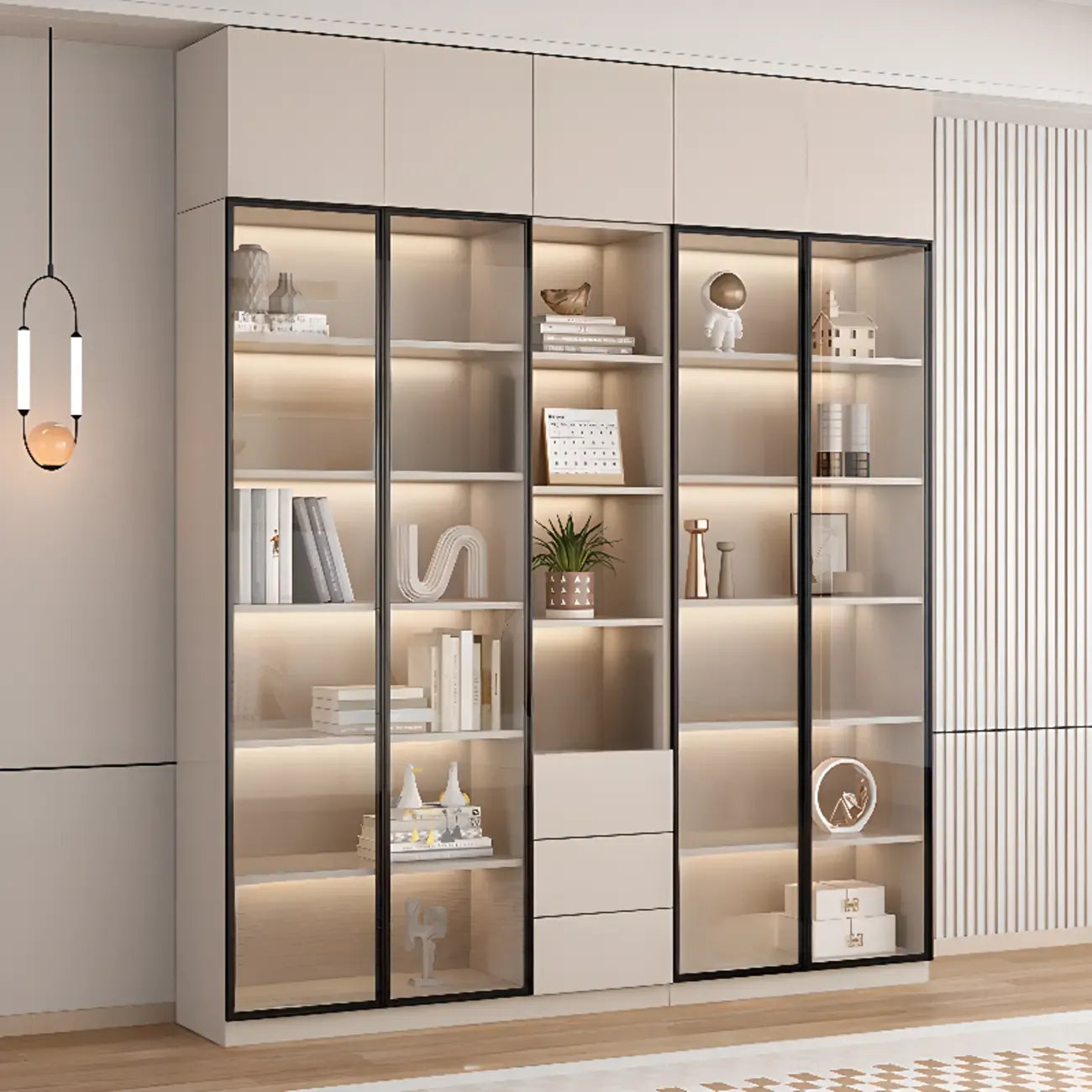 Vitrine sur pied avec porte en verre naturel de grande hauteur et rangement