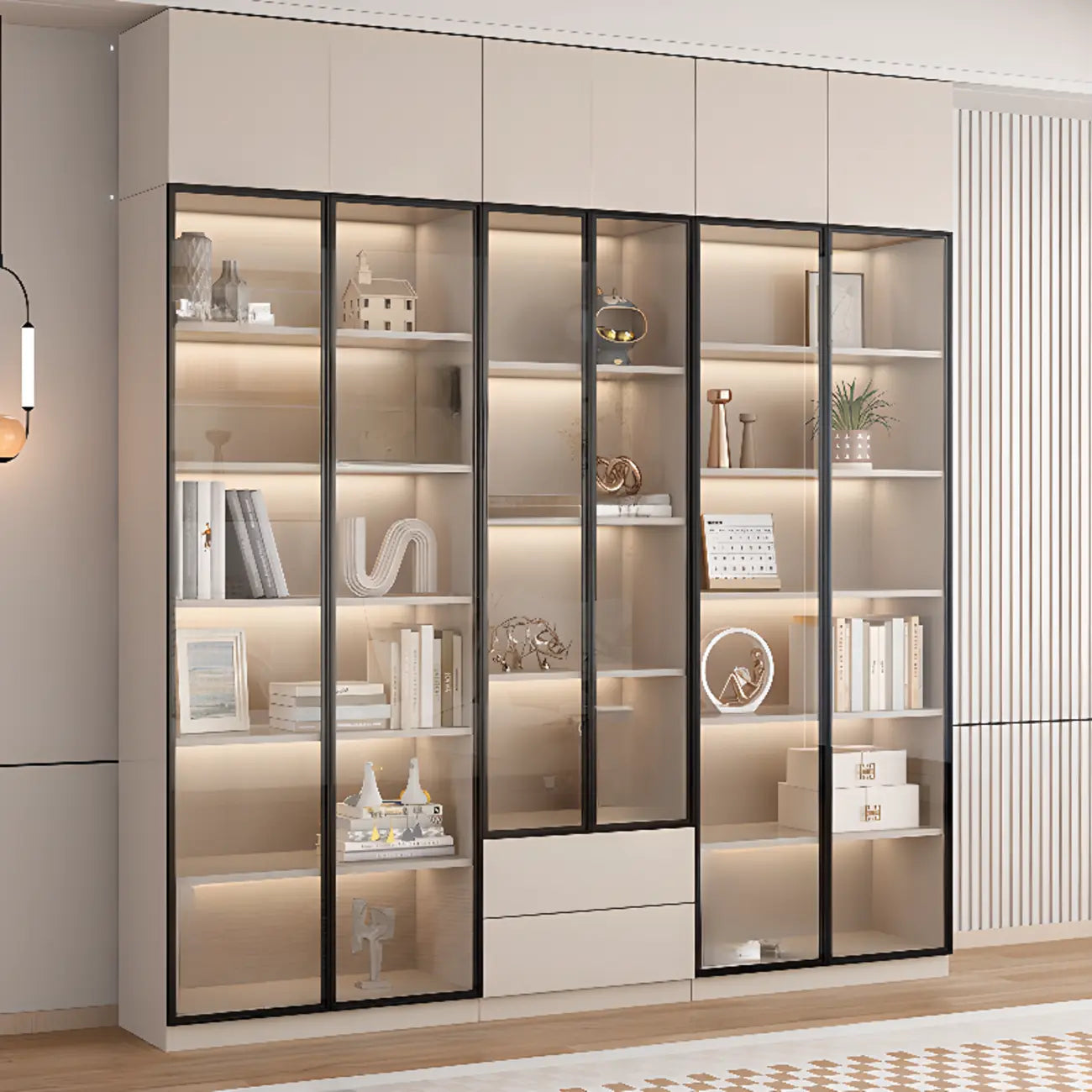 Vitrine sur pied avec porte en verre naturel de grande hauteur et rangement