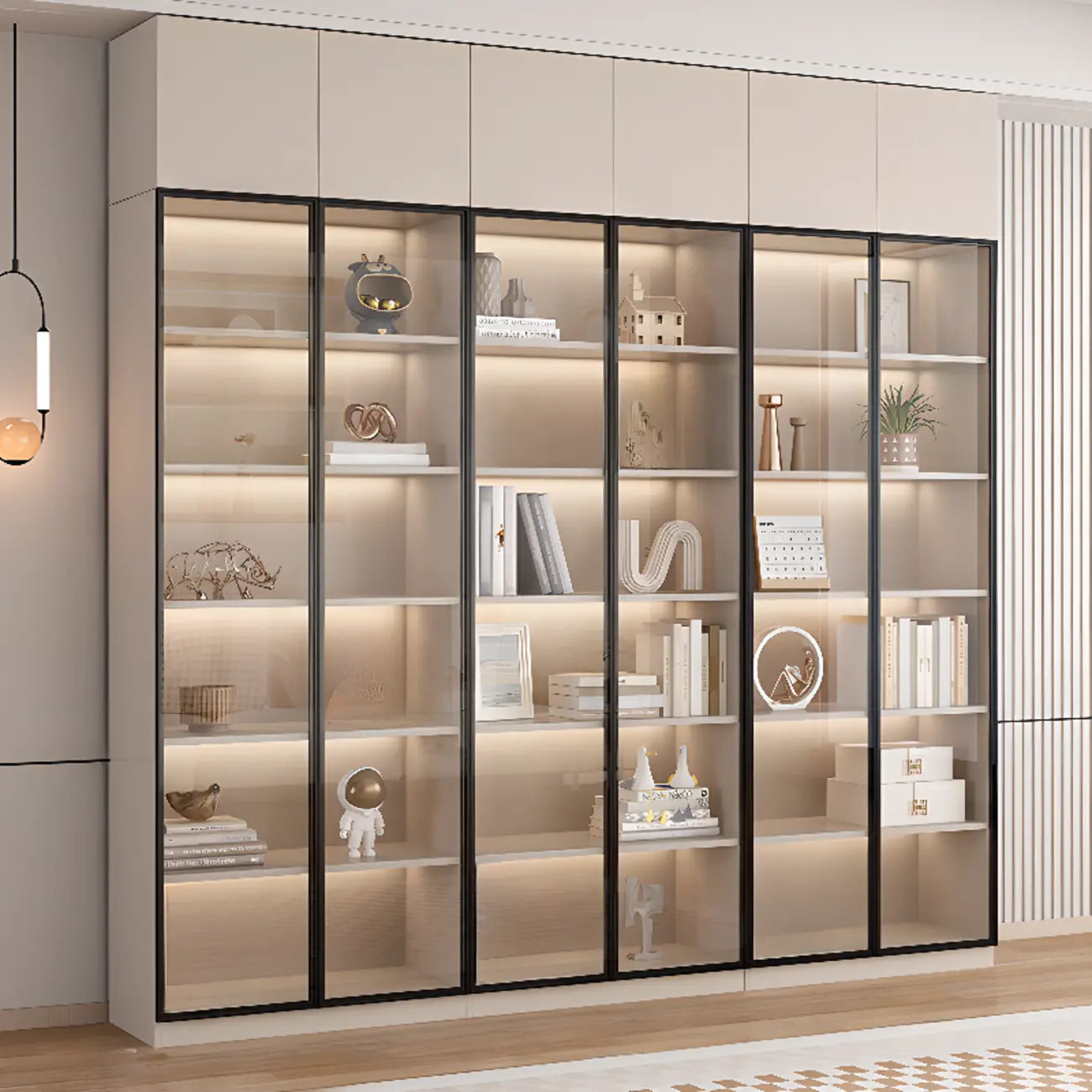 Vitrine sur pied avec porte en verre naturel de grande hauteur et rangement