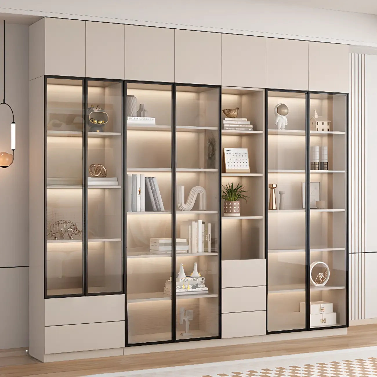 Vitrine sur pied avec porte en verre naturel de grande hauteur et rangement