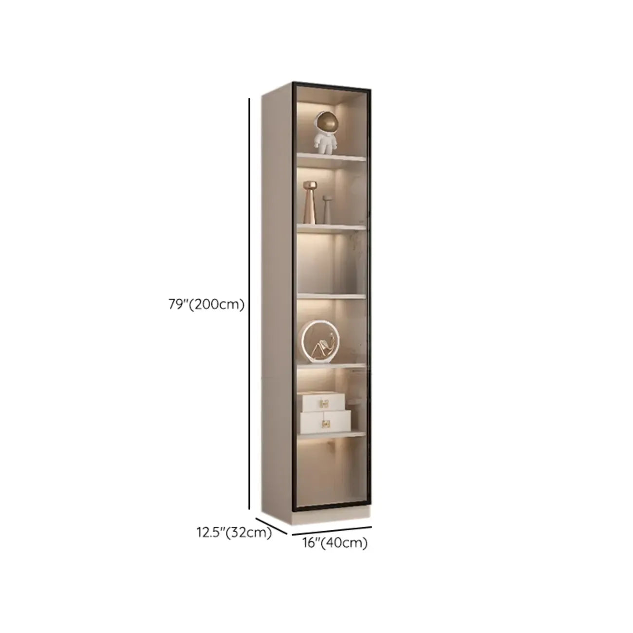 Vitrine sur pied avec porte en verre naturel de grande hauteur et rangement