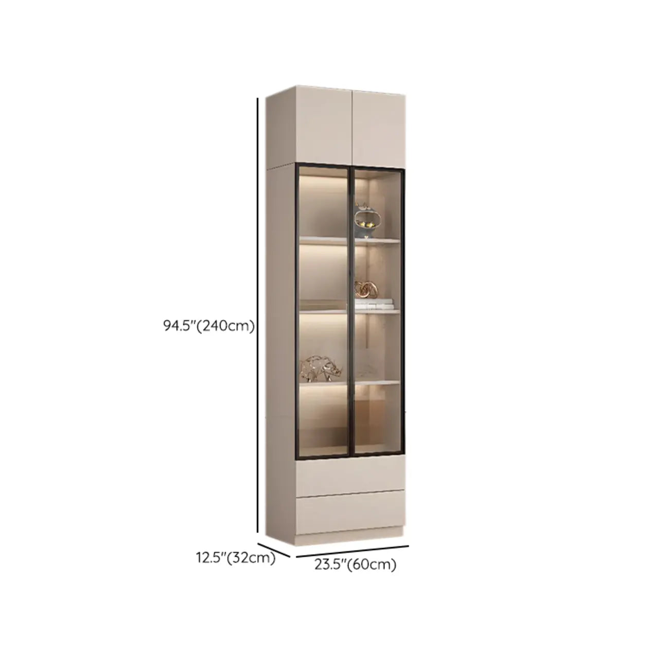 Vitrine sur pied avec porte en verre naturel de grande hauteur et rangement