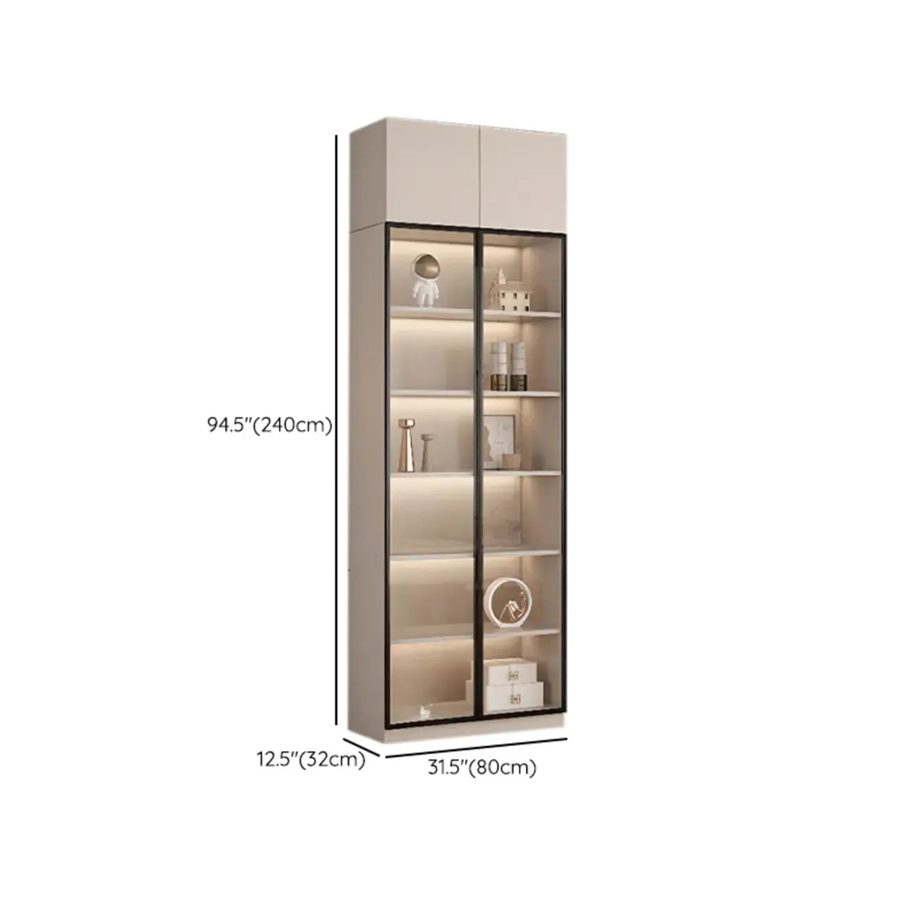 Vitrine sur pied avec porte en verre naturel de grande hauteur et rangement