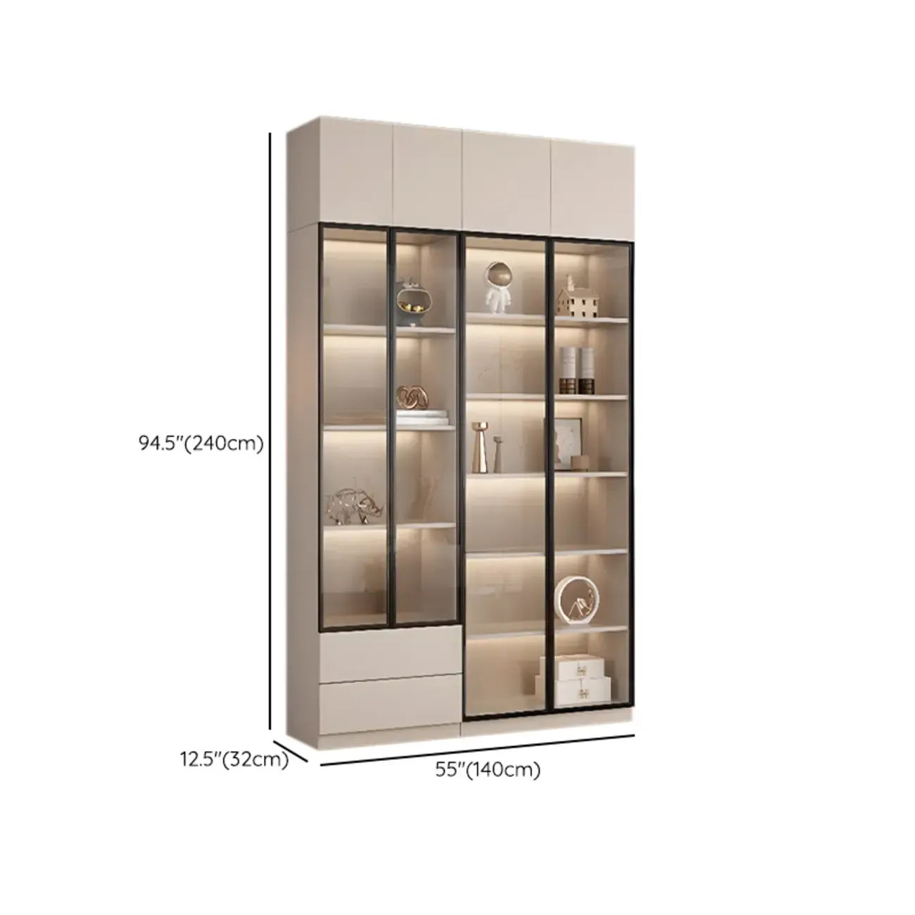 Vitrine sur pied avec porte en verre naturel de grande hauteur et rangement