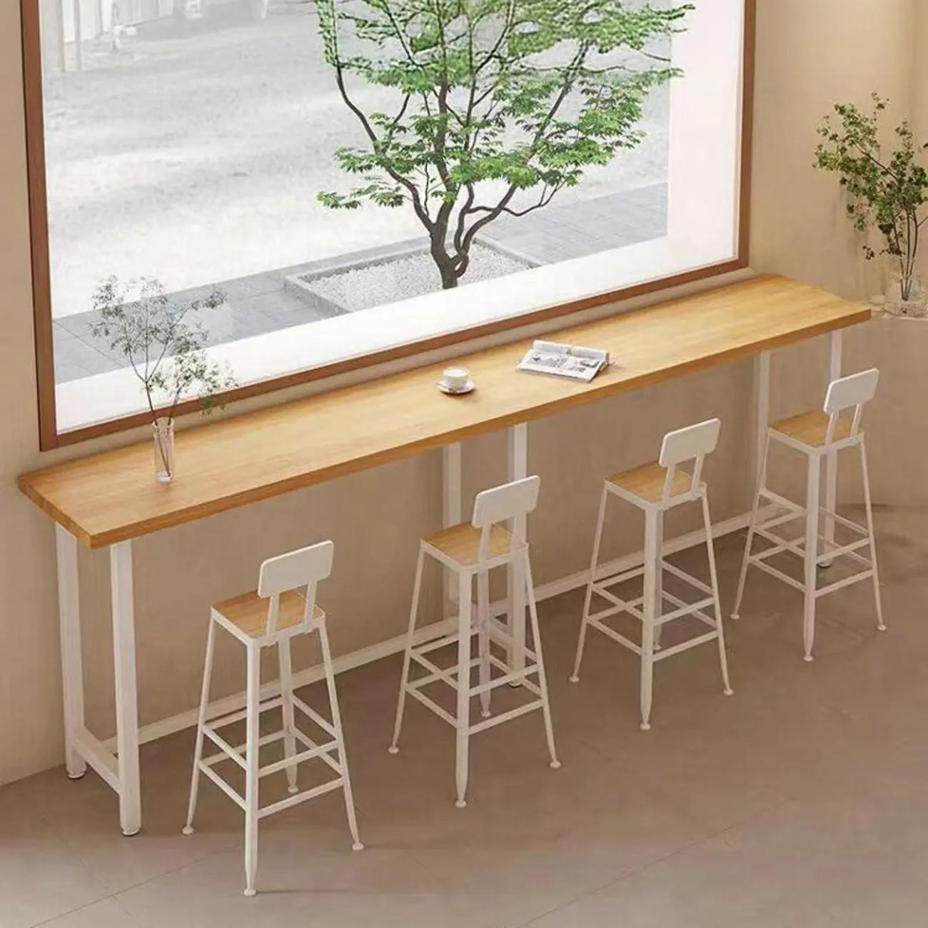 Table de bar minimaliste en pin avec piètement en métal blanc pour les repas